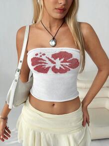 SHEIN EZwear Women's Cotton Floral Jacquard Cropped Fitted Knit Bandeau Top, Summer,European Summer,Beach Vacation Outfits,Rave Outfits