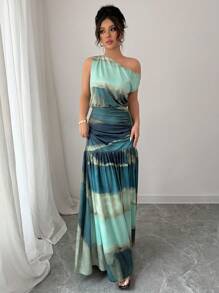 Elenzga 优雅褶饰腰部露肩领女式连衣裙 - 彩色 - 查看 4