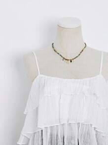 SHEIN Unity Women's Casual Solid Color Pleated Ruffle Spaghetti Strap For Holiday & Daily, Spring/Summer - White - View 5