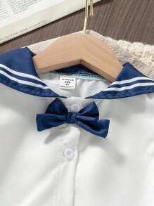 SHEIN Young Girls Navy Collar Short Sleeve Shirt + Floral Bloomers Shorts Two Pieces Set - Multicolor - View 3