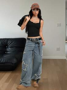 Coolane Áo ba lỗ dệt kim gân màu trơn cổ vuông thường ngày cho nữ, mùa hè - màu đen - Xem 6