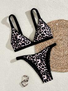 SHEIN Swim 2pcs/Set Leopard Print Triangle Bikini With Adjustable Straps, Sexy Swimsuit Set For Summer Beach Vacation - Black - View 4