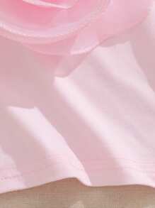SHEIN Baby Girls' Simple Round Neck Solid Color T-Shirt With Organza Floral Decor, Short Puff Sleeve, Casual Vacation Tops For Summer - Pink - View 5