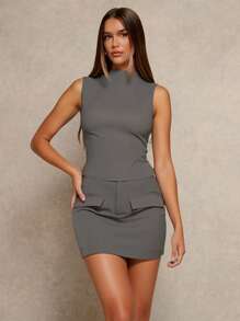 Glamine 灰色编织面料无袖立领短款上衣和高腰迷你裙套装，优雅的办公室女士风格 - 灰色 - 查看 5