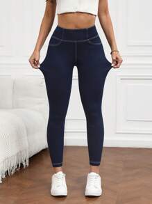 Flexra Women High Waist Skinny Casual Versatile Stretchy Knit Apple Bottom Denim Jeans - Blue - View 4