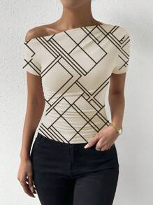 Chiquease Camiseta asimétrica fruncida con estampado geométrico - Albaricoque - Ver 5