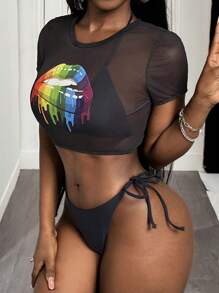 Slaydiva 3pcs/Set Women Solid Black Halter Elegant Bikini Swimsuit For Summer Beach Vacation - Multicolor - View 6