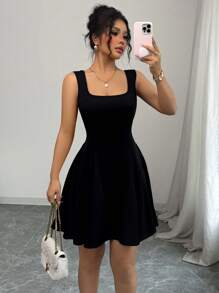 Rafferiza Sleeveless Square Neck Contrast Color Hem A-Line Dress - Black - View 4