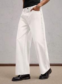 AKNOTIC Business Casual Men's Woven Slim Fit Mid-Waist Straight Leg Casual Jeans, Suitable For Autumn Season, School - White - View 2