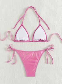 Vacation Beach Solid Color Bikini Swimsuit For Summer - Pink - View 2