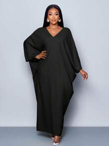 SOLERSUN Women's Plus Size Spring/Summer Elegant Vacation Solid Color V Neck Batwing Split Hem Long Dress - Black - View 3