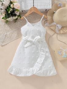 SHEIN Young Girl White Solid Color Ruffle Hem Spaghetti Strap Dress - White - View 1