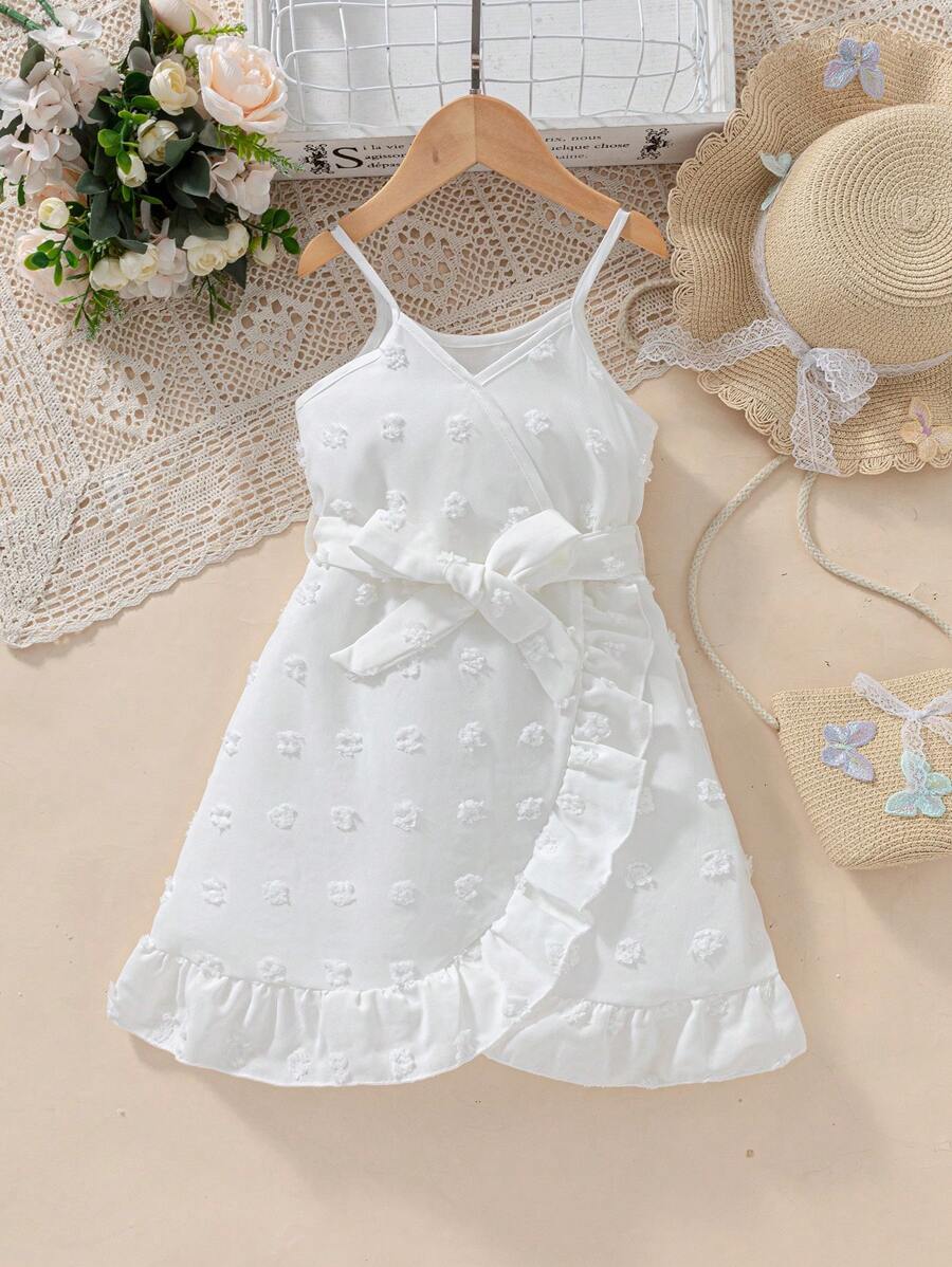 SHEIN Young Girl White Solid Color Ruffle Hem Spaghetti Strap Dress - White - View 1