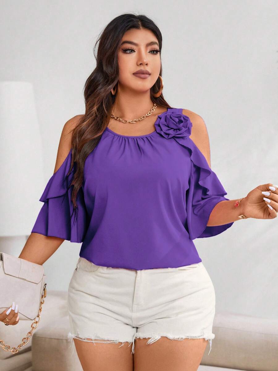 Celure Plus Cold Shoulder Ruffle Trim Blouse For Summer For New Year Clothes - Purple - View 1