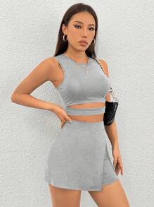 SHEIN PETITE 2pcs/Set Women Solid Color Waist Cutout Cami Top And Slit Hem Skort Set - Light Grey - View 5