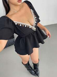 Flirla Plus Size Romantic Shell Strap Crisscross Collar A-Line Blouse - Black - View 4