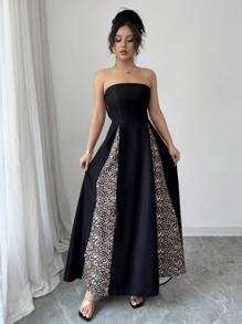 Elenzga New Style Women's Leopard Print Patchwork Bow Decor Elegant Dress - Multicolor - View 5