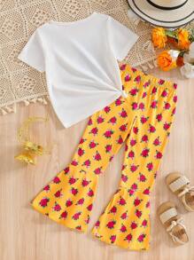 2Pcs/Set Young Girls Cartoon Print Round Neck Short Sleeve T-Shirt Paired With Elastic Waist Rose Floral Flare Pants,Casual Sports Outfit For Summer - Yellow - View 2
