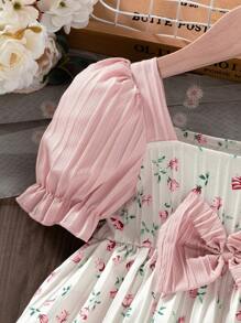 SHEIN Vestido de niña con mangas abullonadas, decoración de lazo, bloque de color y estampado floral ditsy - Estilo campestre encantador, apropiado para uso diario y de vacaciones