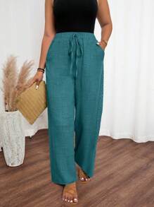 SHEIN LUNE Plus Size Women Casual Straight Leg Pants With Elastic Waist & Side Ruffle Design - Green - View 1