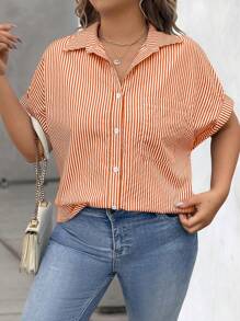 Vionelle Áo cánh dơi sọc ngang tay ngắn rộng rãi cho nữ cỡ lớn - trái cam - Xem 3