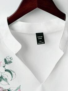 EMERY ROSE 女士优雅通勤休闲时尚百搭舒适图案面料衬衫领半袖常规设计白色加大码衬衫，适合春季、夏季、秋季