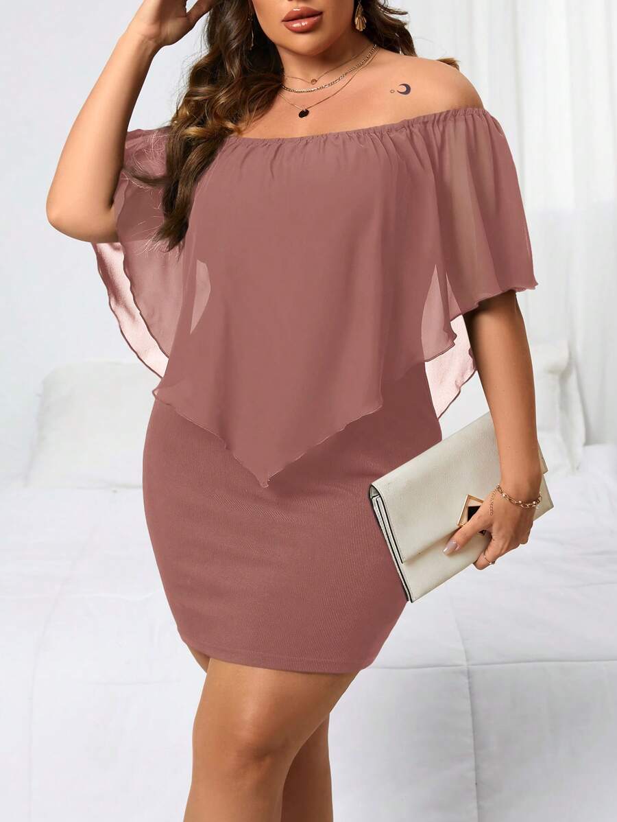 Reflora Đầm bodycon hở vai thanh lịch tối giản cỡ lớn mùa hè - Gỗ đỏ - Xem 1
