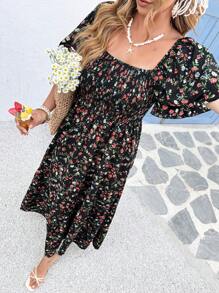 SHEIN Holidaya Đầm mùa hè tay bèo nhún cổ vuông họa tiết hoa cỡ lớn cho nữ - Nhiều màu - Xem 6