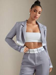 Hauture Cropped Blazer With Hem Detail & Trousers Two Pieces Set - Grey - View 2