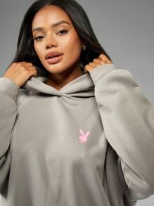 Missguided x Playboy Oversized Hoodie Dress Streetwear Lounge Wear Winter Fall Fashion Statement Long Length Casual Urban Comfort Athletic Loungewear - Grey - View 4