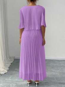 Elenzga Plus Size Elegant Chiffon Draped Midi Dress For Women, Spring/Summer - Mauve Purple - View 2