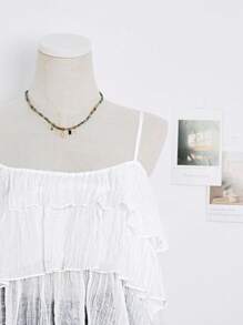 SHEIN Unity Women's Casual Solid Color Pleated Ruffle Spaghetti Strap For Holiday & Daily, Spring/Summer - White - View 3