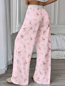 Flirla 女士休闲家居可爱鹿动物印花松紧腰宽松针织裤 - 淺粉色 - 查看 2
