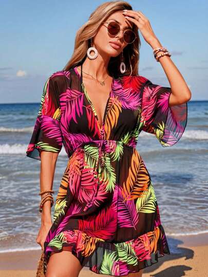 Swim Lushoire 女士热带植物印花沙滩罩衫连衣裙，夏季