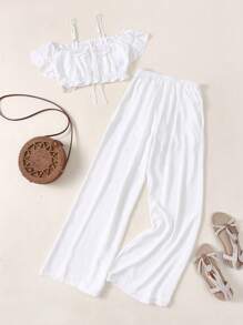 Chiquease Set de 2 piezas: Top camisola acortado con recorte fruncido y pantalones casuales de pierna ancha - Blanco - Ver 1