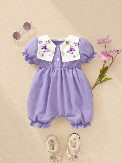 Souflis Souflis 女宝宝夏季新款彼得潘领蝴蝶结印花韩版前半开荷叶边下摆开裆紫色休闲可爱婴儿连体衣