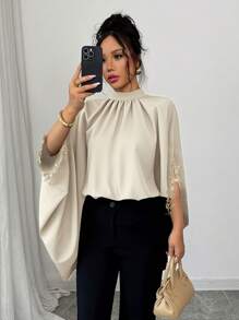 Selianne 时尚蝙蝠袖黑色优雅宽松设计金色蕾丝边女式衬衫，适合春夏季 - 米色 - 查看 7