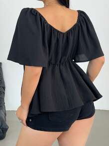 Flirla Plus Size Romantic Shell Strap Crisscross Collar A-Line Blouse - Black - View 2
