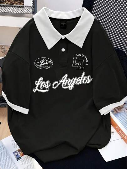 Claim Dot Men's Letter Print Contrast Color Short Sleeve Casual Commuter Polo Shirt