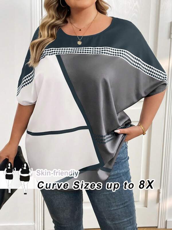 SHEIN CURVE+ Bluză pentru femei mărimi mari, cu model asimetric, blocuri de culori, guler rotund, mânecă scurtă, ținute de vară și plajă pentru femei/Rochie de plajă/Ținute de vacanță la plajă/Esențe de plajă/Rochie de absolvire/Rochie de petrecere a ceaiului