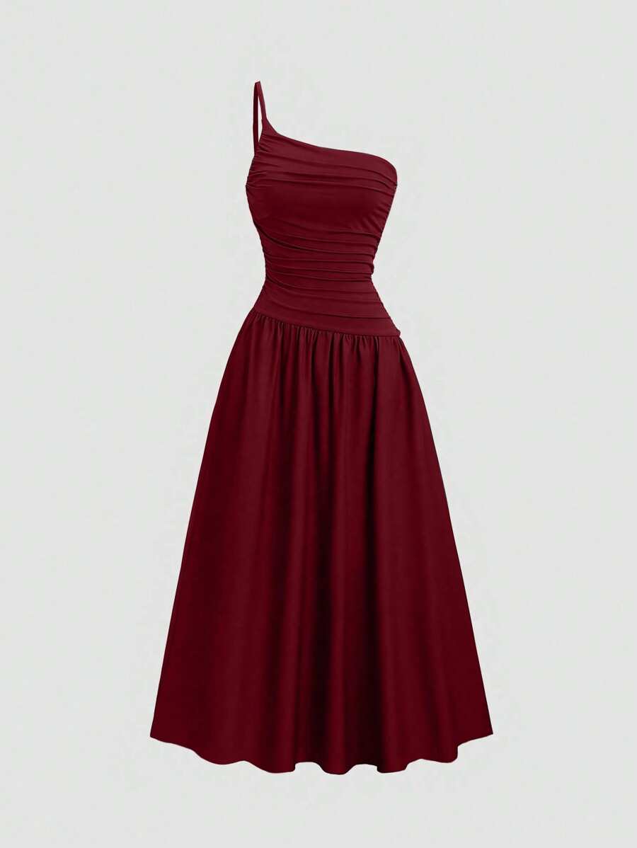 Sweetra 女士优雅简约不对称领口褶皱腰 A 字长裙，百搭无袖休闲日常穿着修身连衣裙，春夏 - 酒紅色 - 查看 1