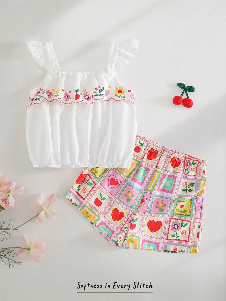 Cozy Pixies 2pcs Baby Girl Floral Plant Print Bib Top And Elastic Waist Shorts Set - Multicolor - View 1