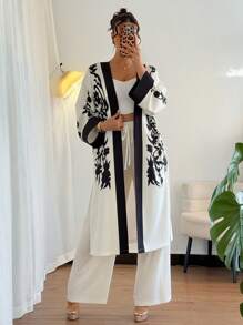 Chiquease Women's Spring & Summer Resort Style Loose Contrast Color Long Sleeve Robe And Wide Leg Pants 2 Pieces Set - Apricot - View 3