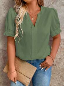 SHEIN Clasi Plus Size Women Solid Color V-Neck Short Puff Sleeve Blouse - Army Green - View 4