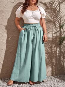 SHEIN VCAY Plus Drawstring Waist Wide Leg Summer Pants - Mint Green - View 5