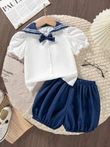 SHEIN Young Girls Navy Collar Short Sleeve Shirt + Floral Bloomers Shorts Two Pieces Set - Multicolor - View 5