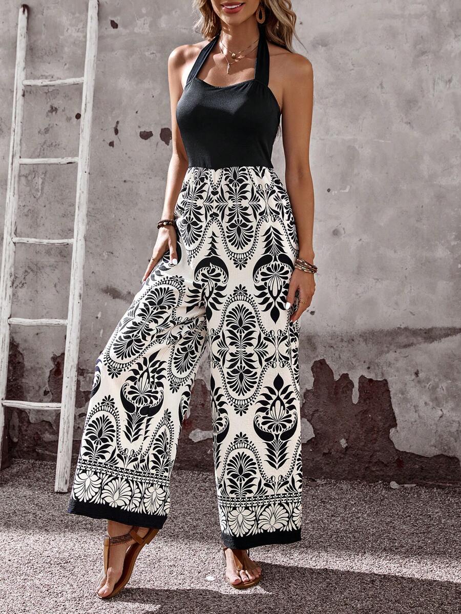 EMERY ROSE Summer Outfits For Women,Allover Print Halter Neck Casual Jumpsuit For Summer Holiday - Black and White - View 1