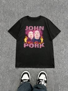 Manfinity Dauomo 男女通用休闲宽松T恤，带有搞笑表情包和搞笑图案。John Pork 休闲派对必备上衣T恤