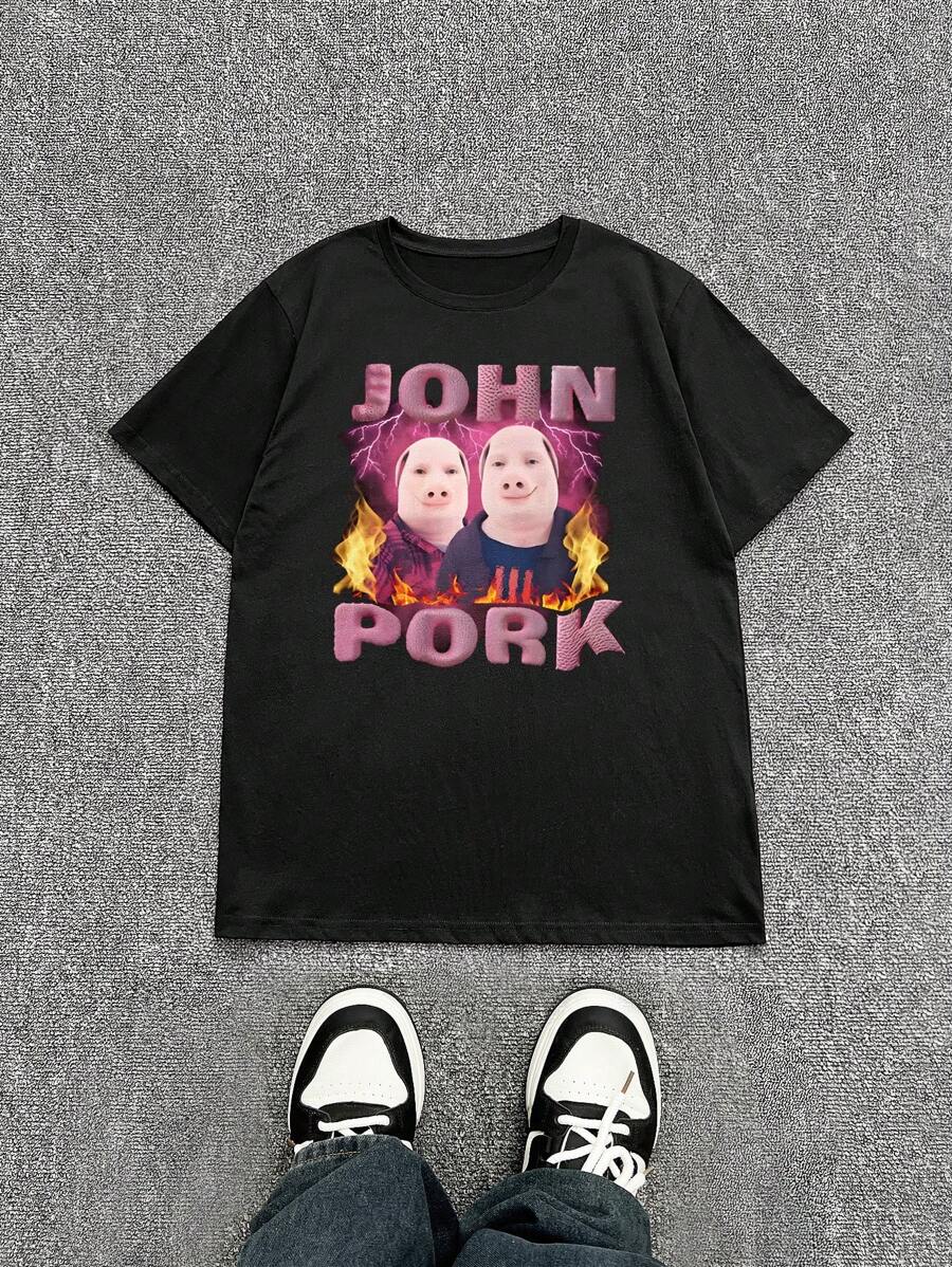 Manfinity Dauomo 男女通用休闲宽松T恤，带有搞笑表情包和搞笑图案。John Pork 休闲派对必备上衣T恤