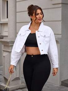 SHEIN Essnce Plus Size Solid Color Fringe Decor Distressed Casual Long Sleeve Denim Jacket